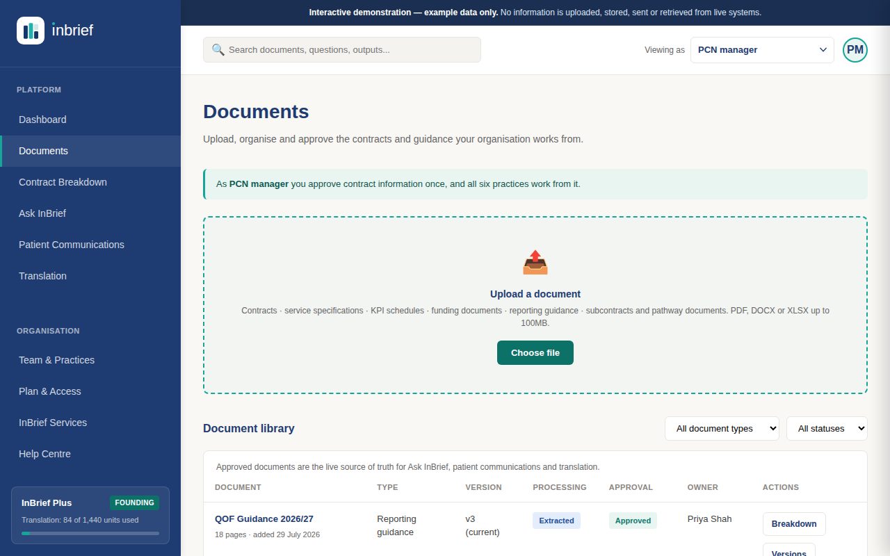 The InBrief documents screen, with an upload area and a list of processed contracts.