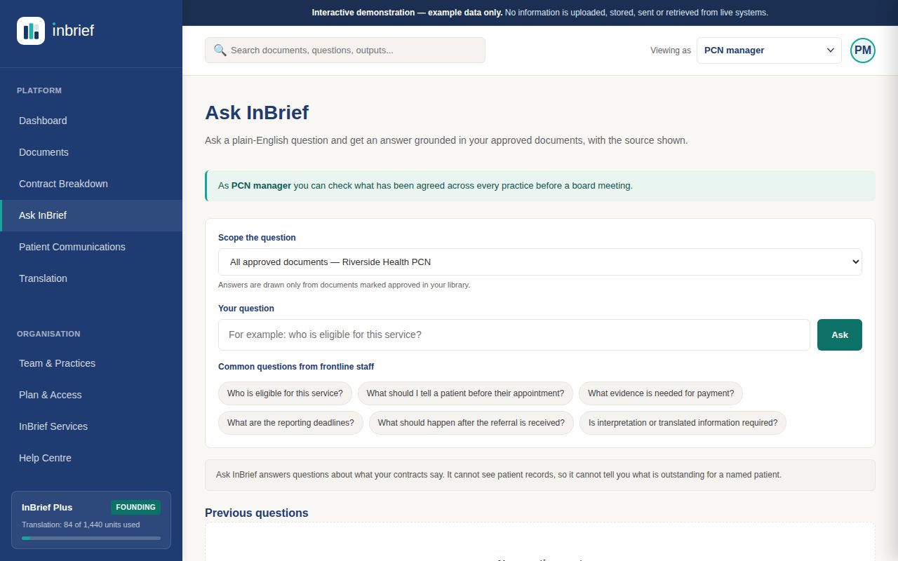 Ask InBrief, with a question box and common questions asked by frontline staff.
