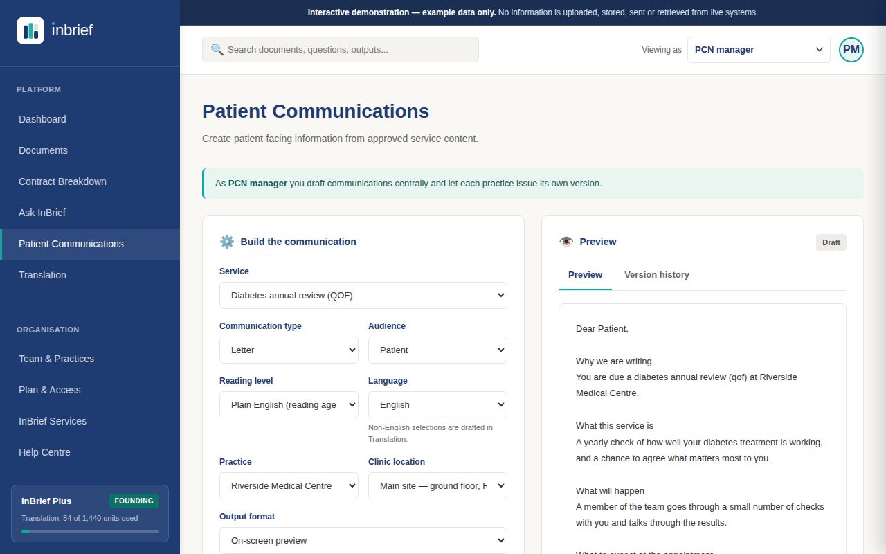The patient communications screen, building a letter from approved service content with a live preview.